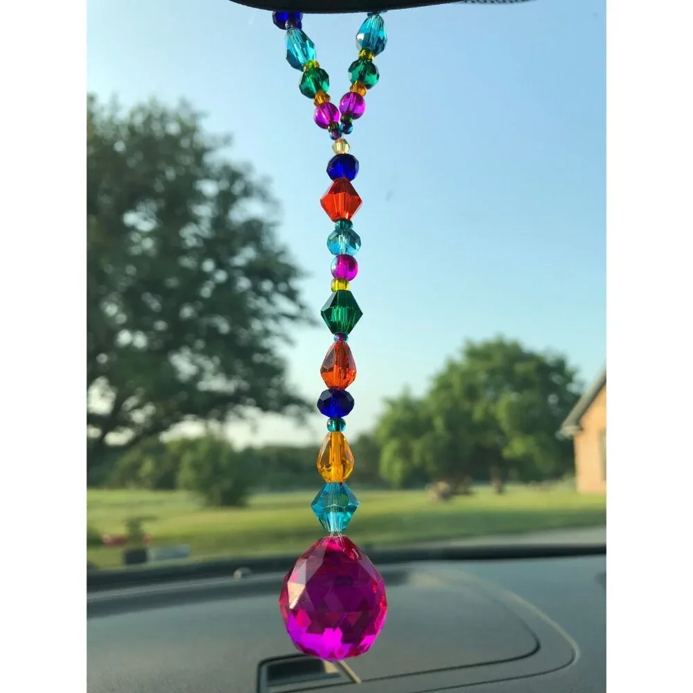 Beaded Suncatcher Car Charm Rearview Mirror Ornament Pink Crystal Prism Jewel - Picture 3 of 9